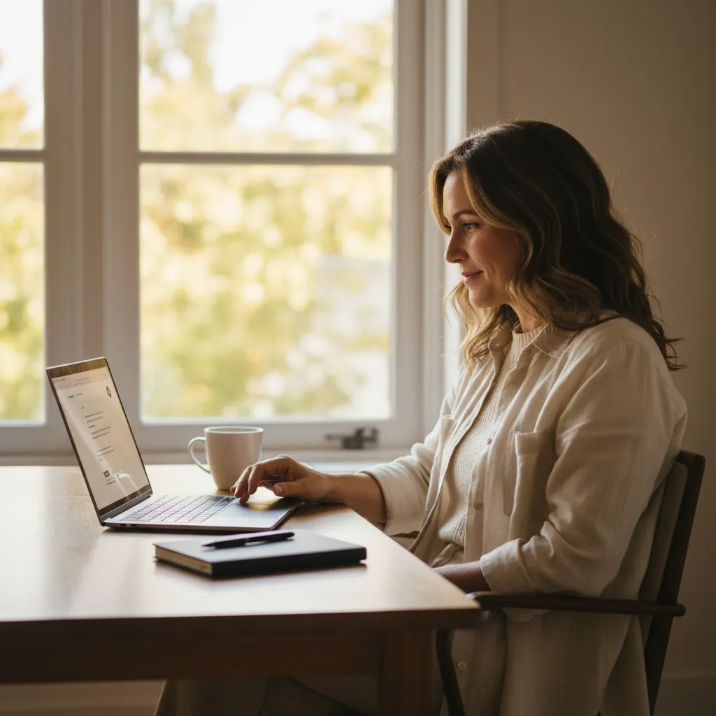 A photorealistic, documentary-style medium shot of a woman in her mid-thirties sitting at a clean wooden desk positioned...